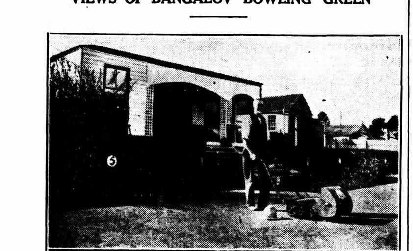 Newspaper photo: greenkeeper Mr McDonald with his mower beside the clubhouse