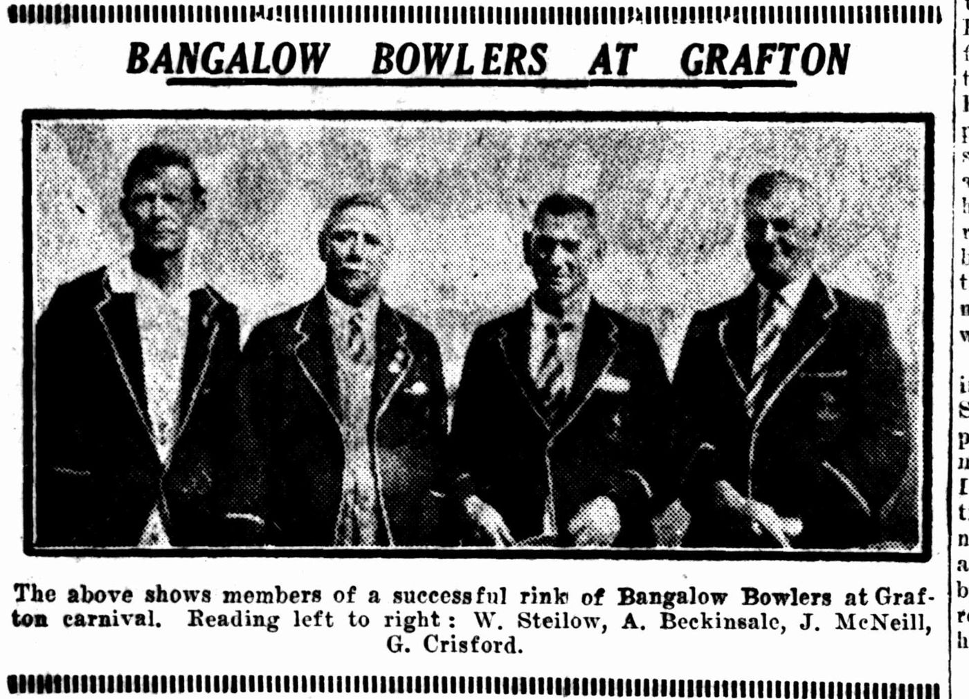 Newspaper photo: four Bangalow bowlers in blazers