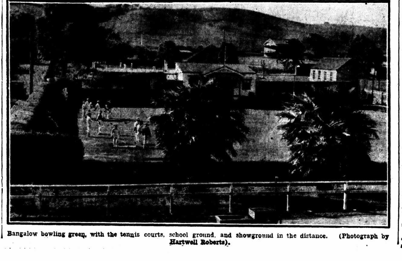 Newspaper photo: the Bangalow bowling green with tennis courts, school ground and showground behind