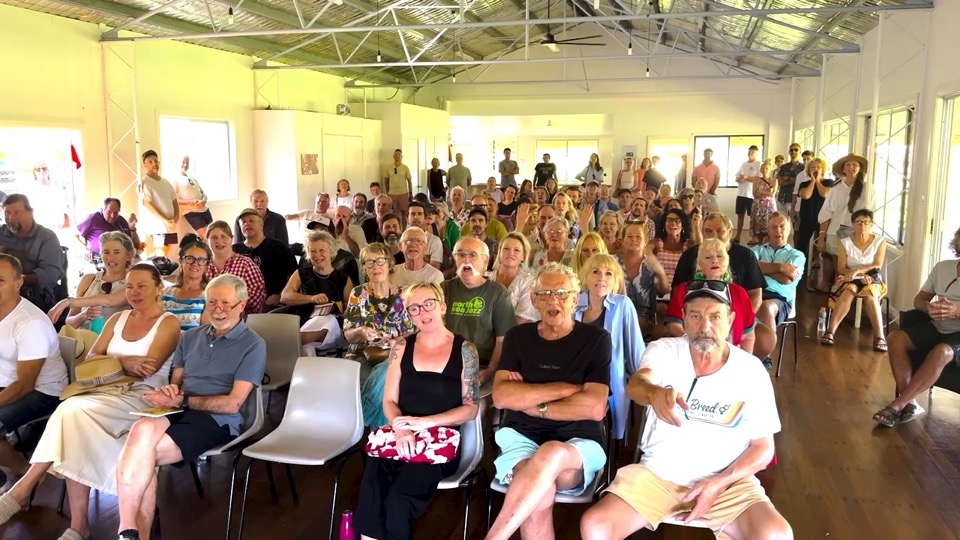 A packed hall of Bangalow locals at a community meeting